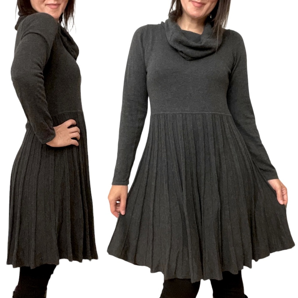 Max Studio Grey Cowl Turtle Neck Pleated Bottom Knit Dress
